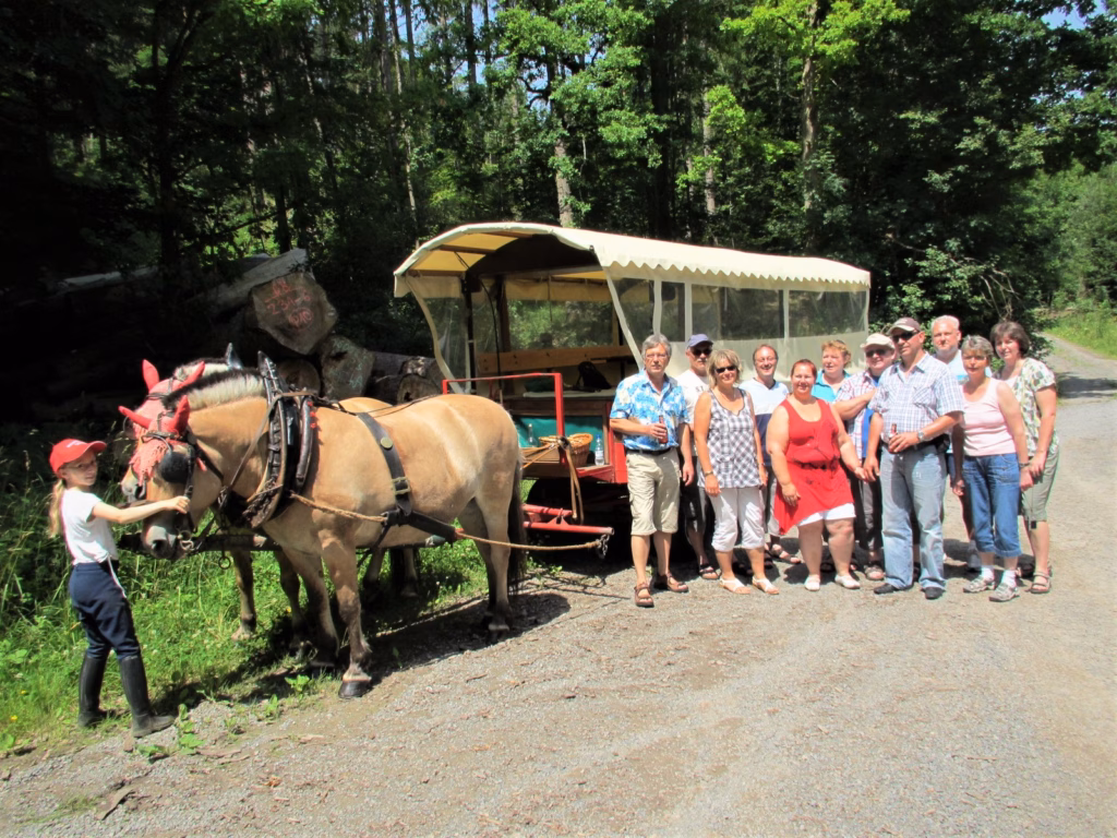 a group of people standing next to a horse drawn carriage