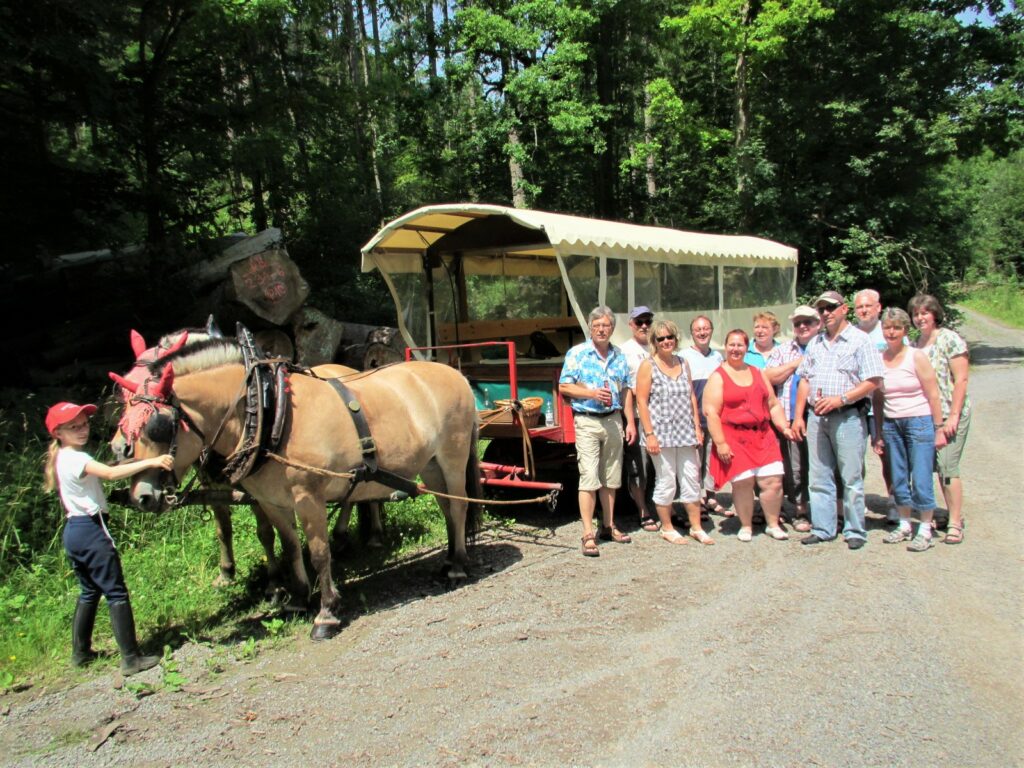 a group of people standing next to a horse drawn carriage